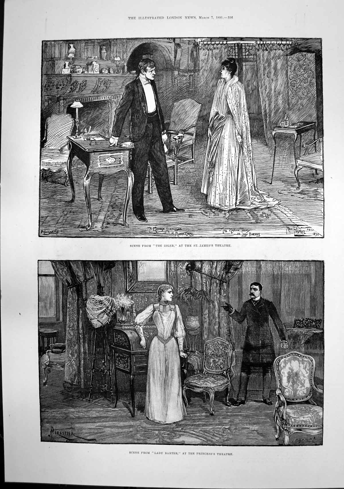 Old Antique Print Idler St James Theatre Lady Barter Map Verulamium 1891 19th