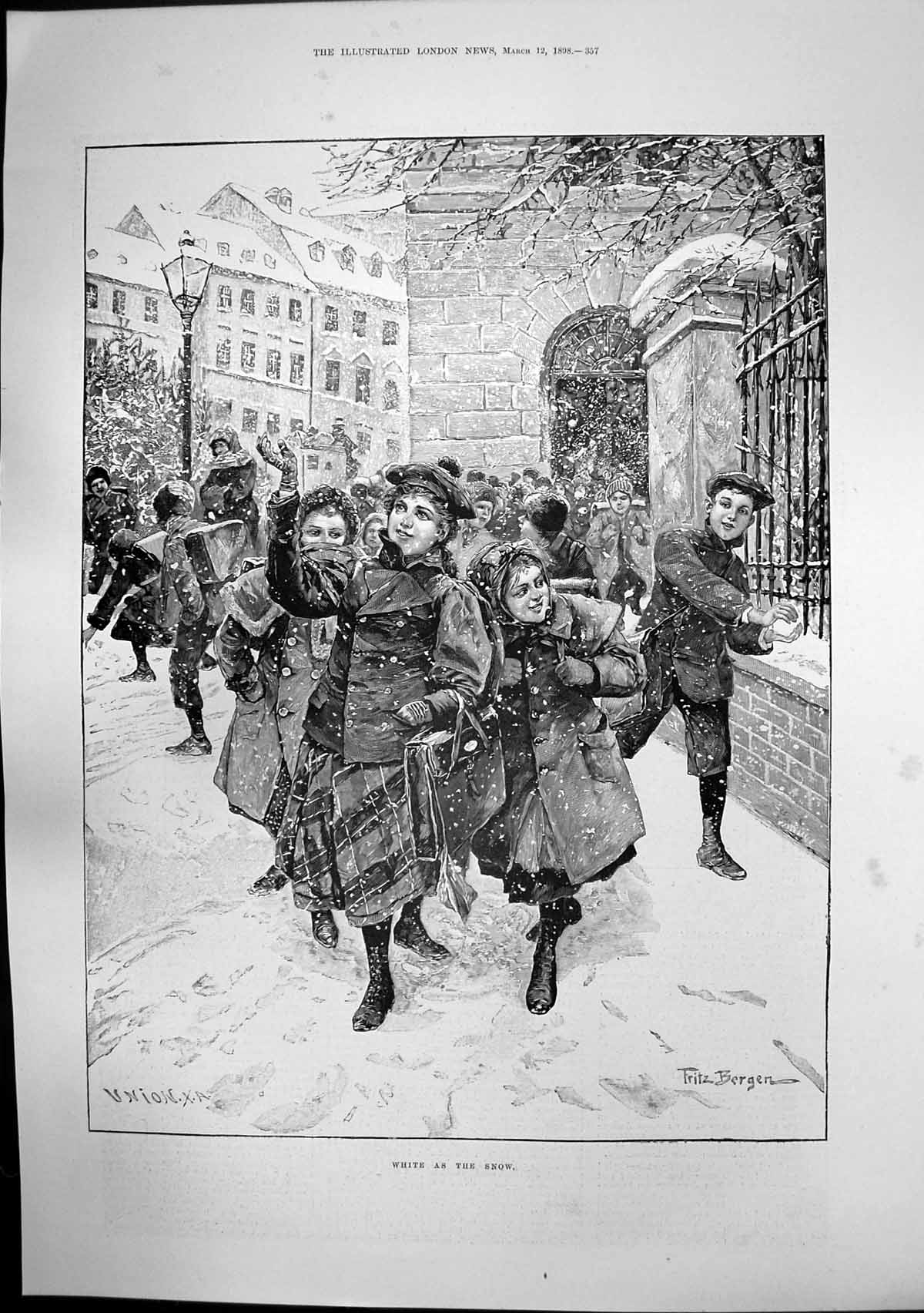 Antique Old Print White As Snow F Bergen Children Officers West Africa 1898