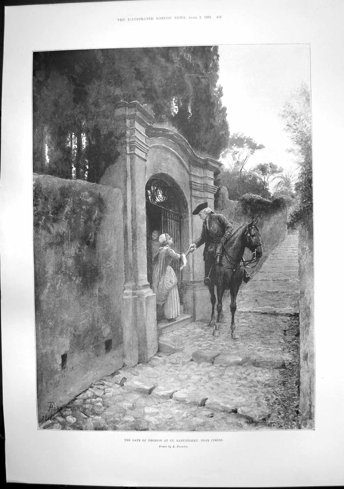 Antique Old Print Gate Promise St Barthelemy Cimiez Costume Cloth Satin 1898