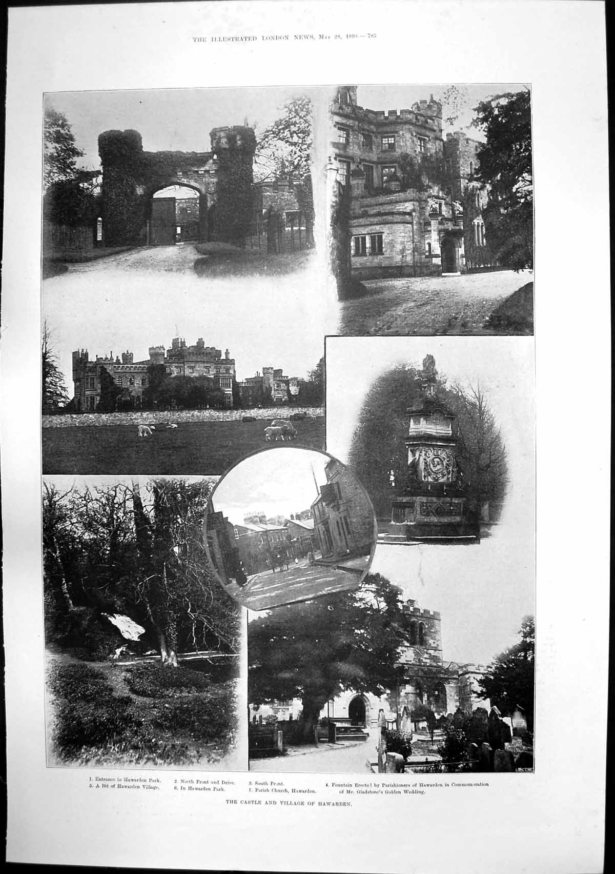 Antique Old Print Castle Village Hawarden Church Park Fountain Fete Gown 1898