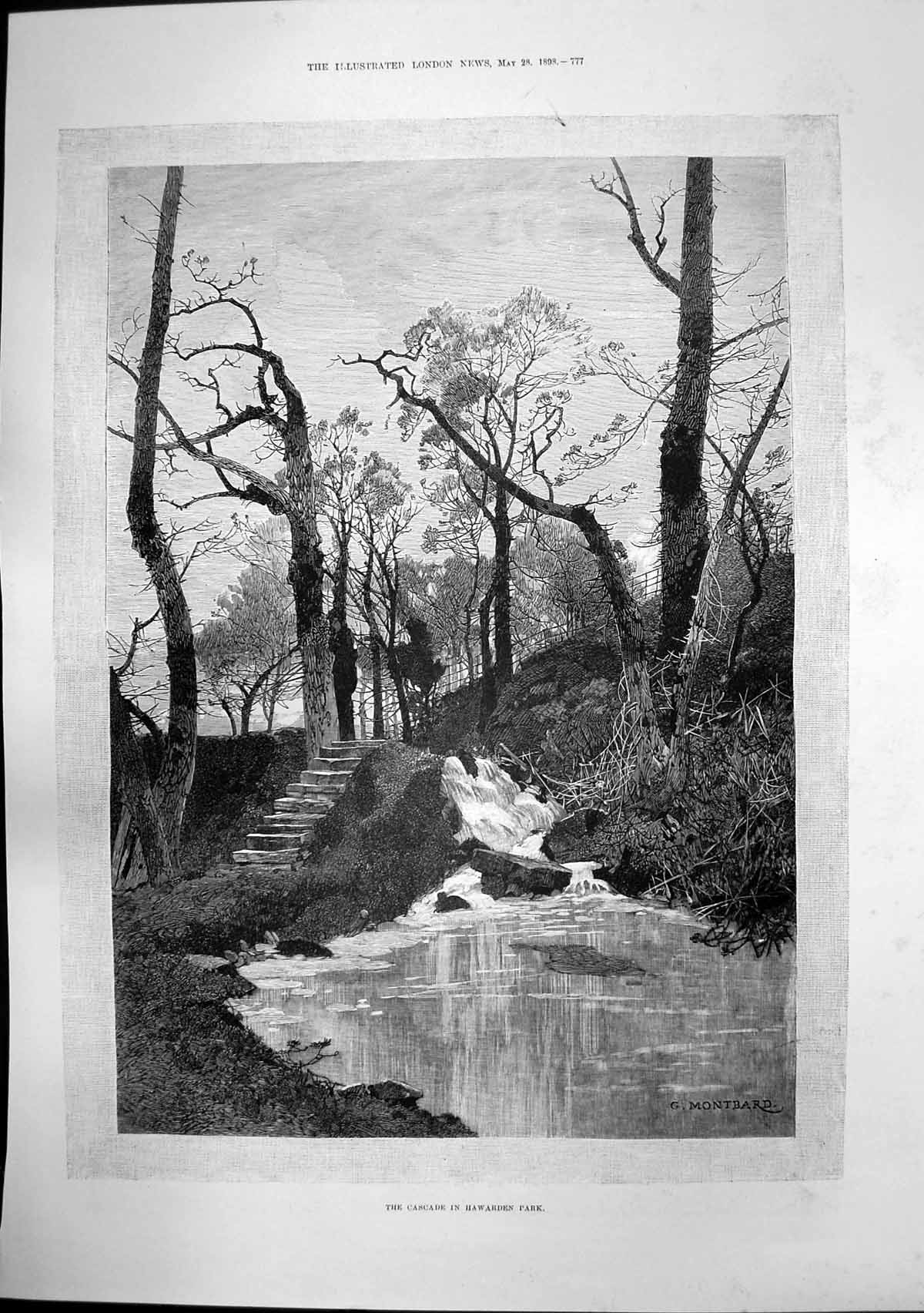 Old Antique Print Cascade Hawarden Park Death Mr Gladstone Bulletin 1898 19th