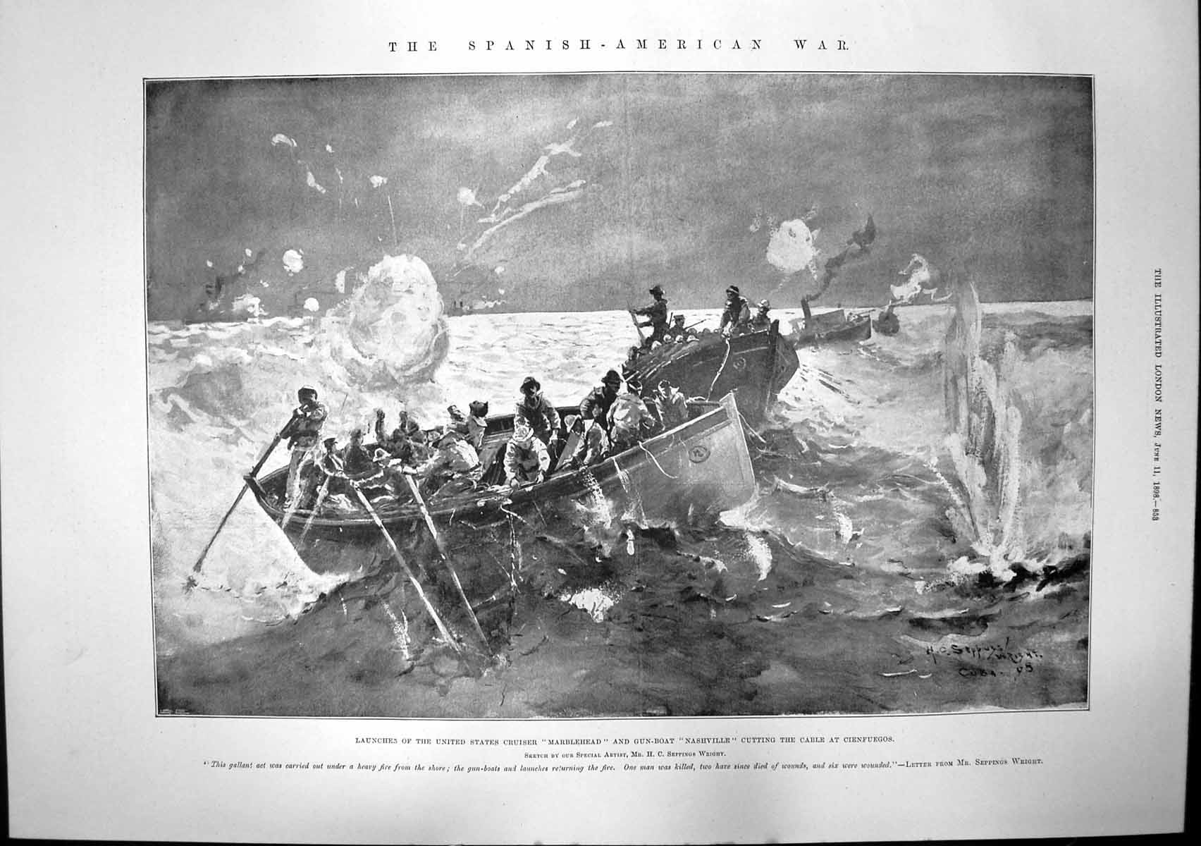 Antique Old Print Us Ships Marblehead Nashville Cutting Cable Cienfuegos 1898