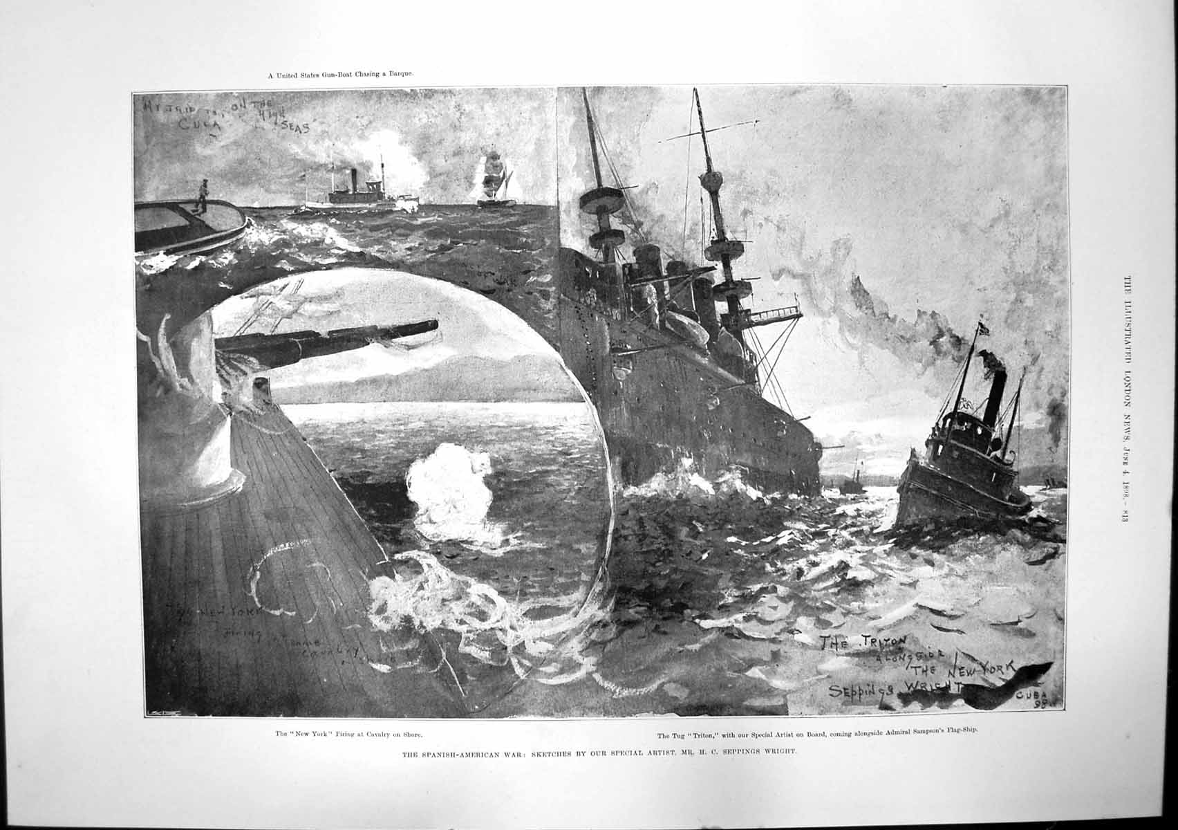 Old Print Spanish American War New Yok Firing Triton Horses Cabanas 1898 19th