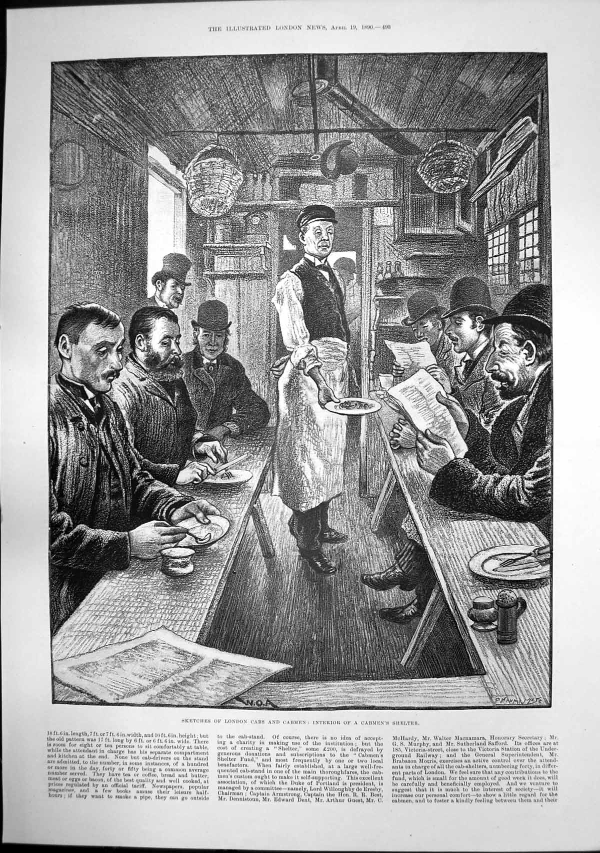 Original Old Antique Print Interior Cabmens Shelter Hansom Cabman Growler 1890
