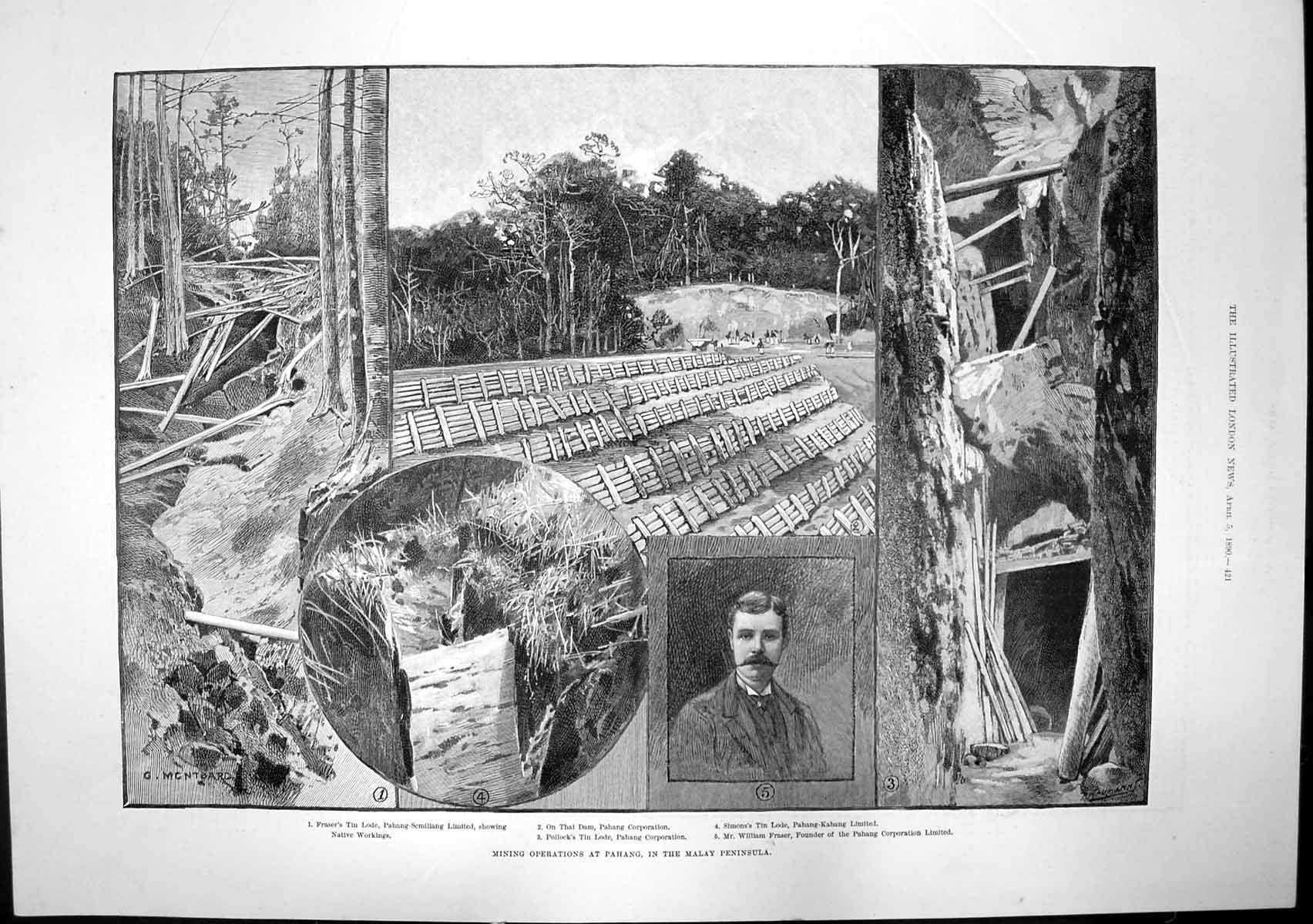 Old Antique Print Pahang Mining Works Medical College Guys Hospital 1890 19th