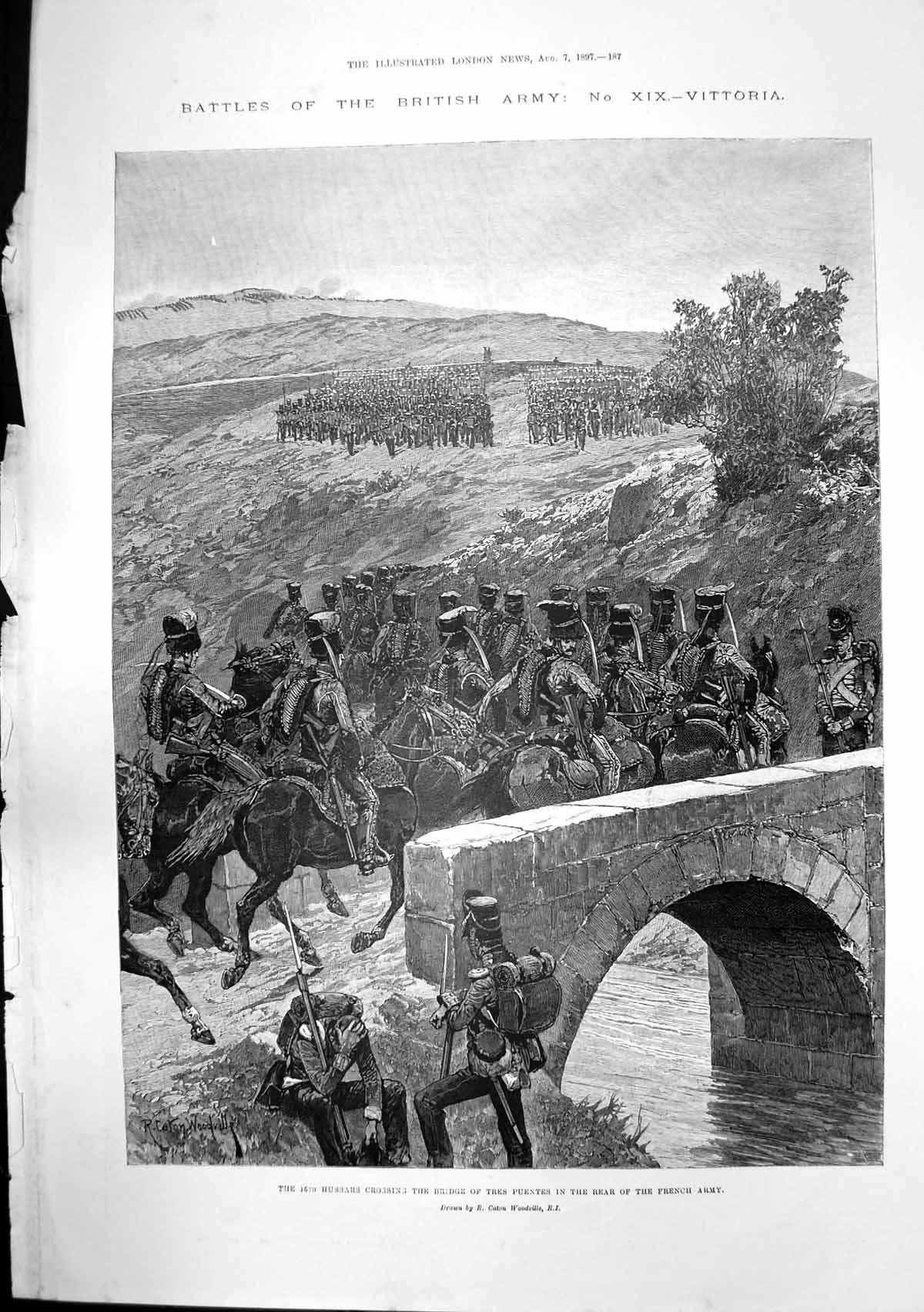 Old Print Battle Vittoria Hussars Bridge Tres Puentes New El Dorado 1897 19th