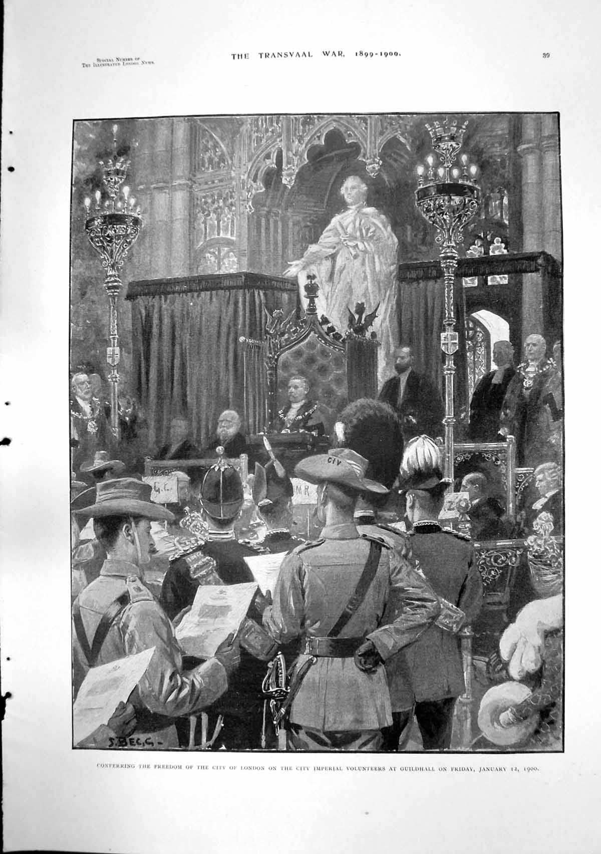 Antique Old Print Transvaal War Freedom London City Volunteers Guildhall 1900
