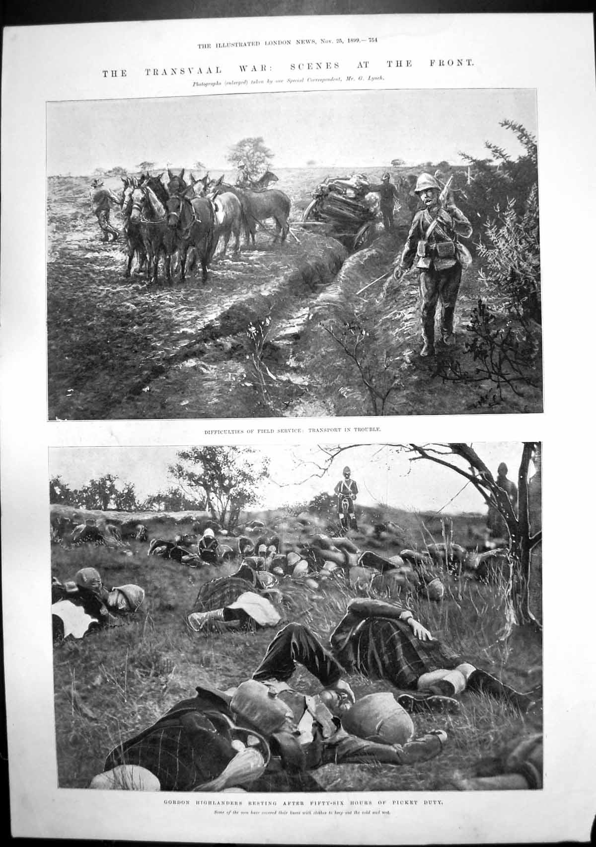 Old Antique Print Transvaal War Gordon Highlanders Transport Trouble 1899 19th