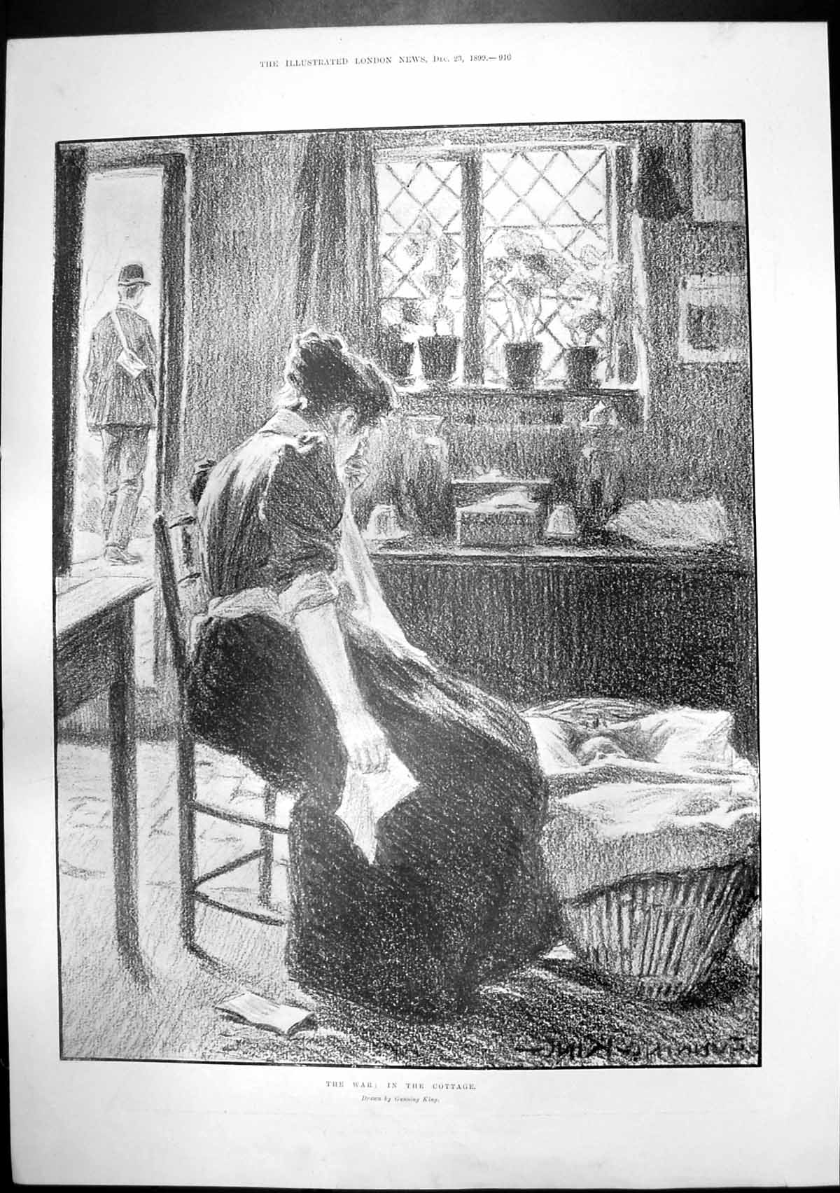 Old Antique Print War Cottage G King Black Watch Colours Guard Gun 1899 19th