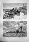 Antique Old Print French Fusee Twin Screw Ironclad Boats Myettha River 1889