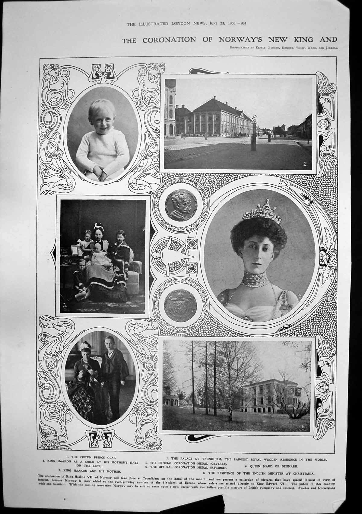 Antique Old Print Coronation Norways King Queen Trondhjem Oscar Charles 1906