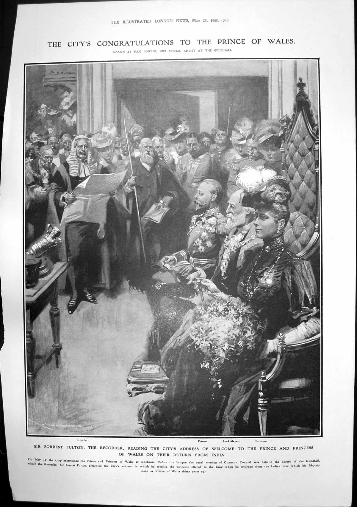 Antique Print Sir Forrest Fulton Welcome Prince Princess Wales Return 1906 20th