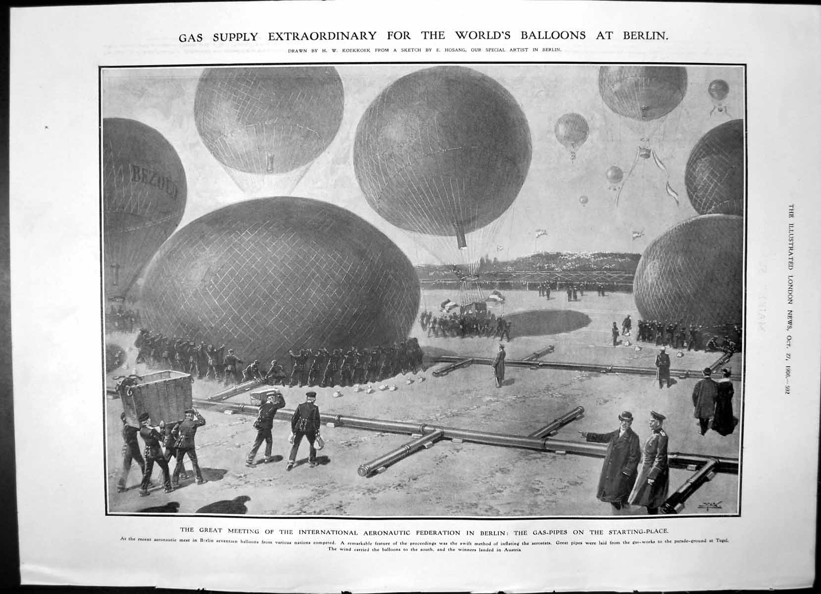 Antique Old Print Gas Balloons Berlin Parisian Bakers Strike Baker Work 1906