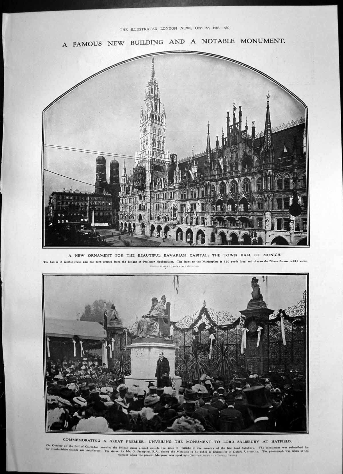 Antique Old Print New Town Hall Munich Monument Lord Salisbury Hatfield 1906