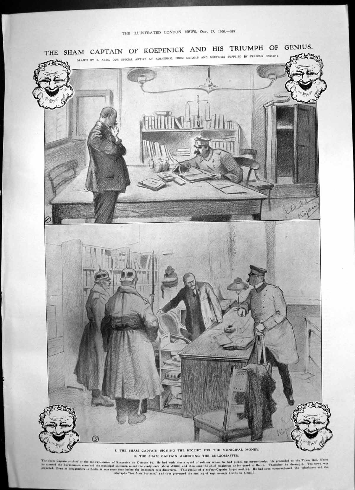 Original Old Antique Print Sham Captain Koepenick Money Arrest Burgomaster 1906