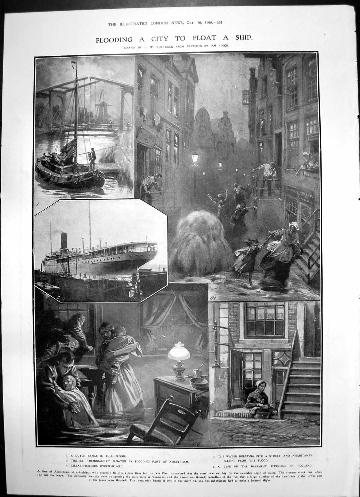 Antique Print Flooding Amsterdam Float Ship Torpedo Explosion Plymouth1906 20th