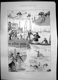 Old Antique Print Sketches Cowes Yachts Travelling Gown Neat Costume 1898 19th