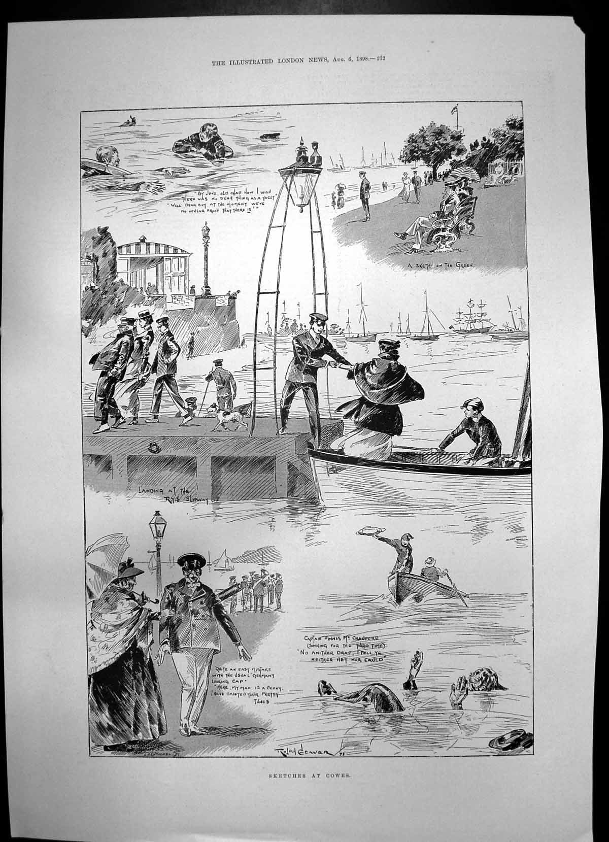 Old Antique Print Sketches Cowes Yachts Travelling Gown Neat Costume 1898 19th