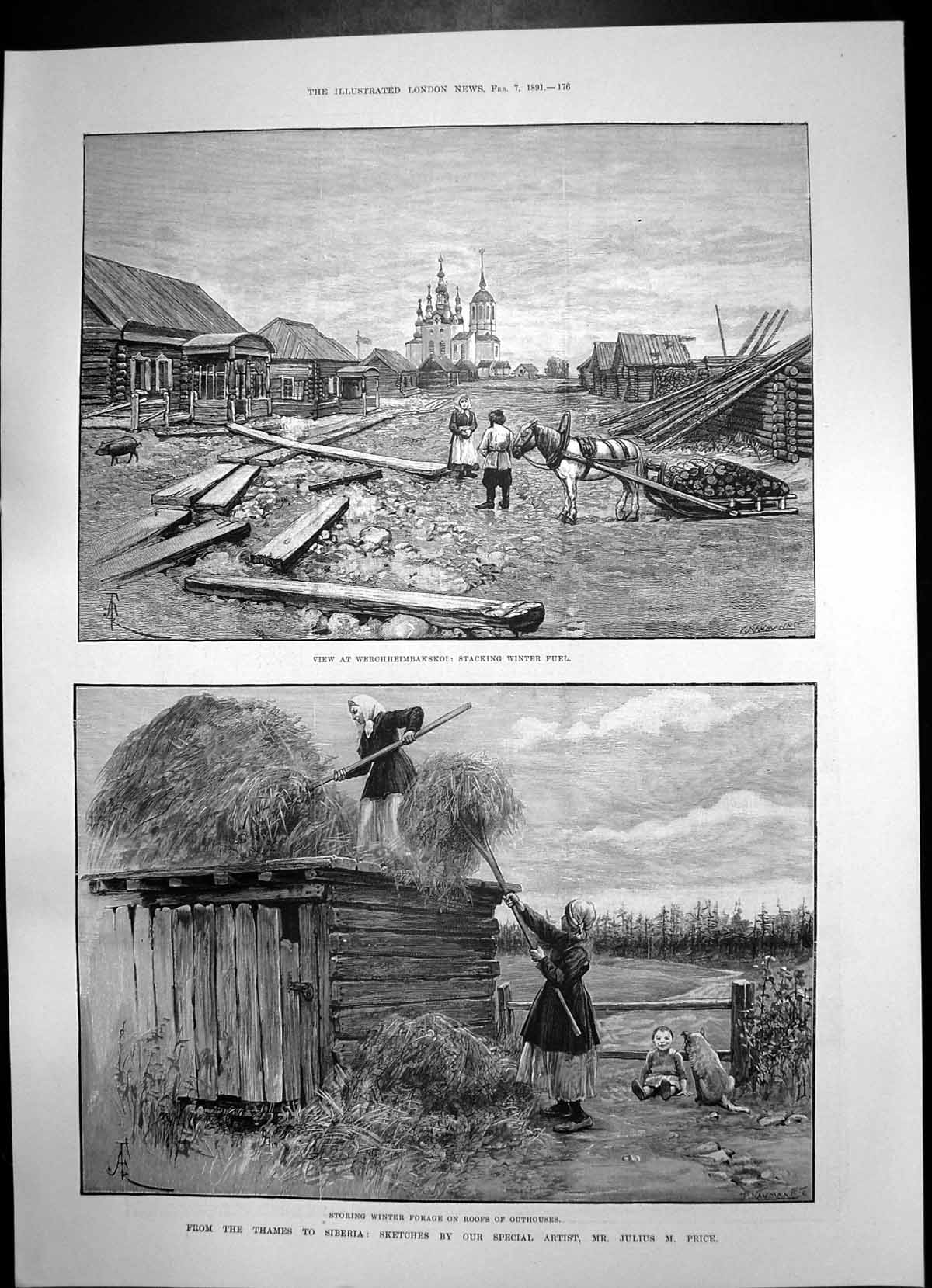 Old Siberia Stacking Wintter Fuel Forage Selivanaka Yenisei River 189 Victorian