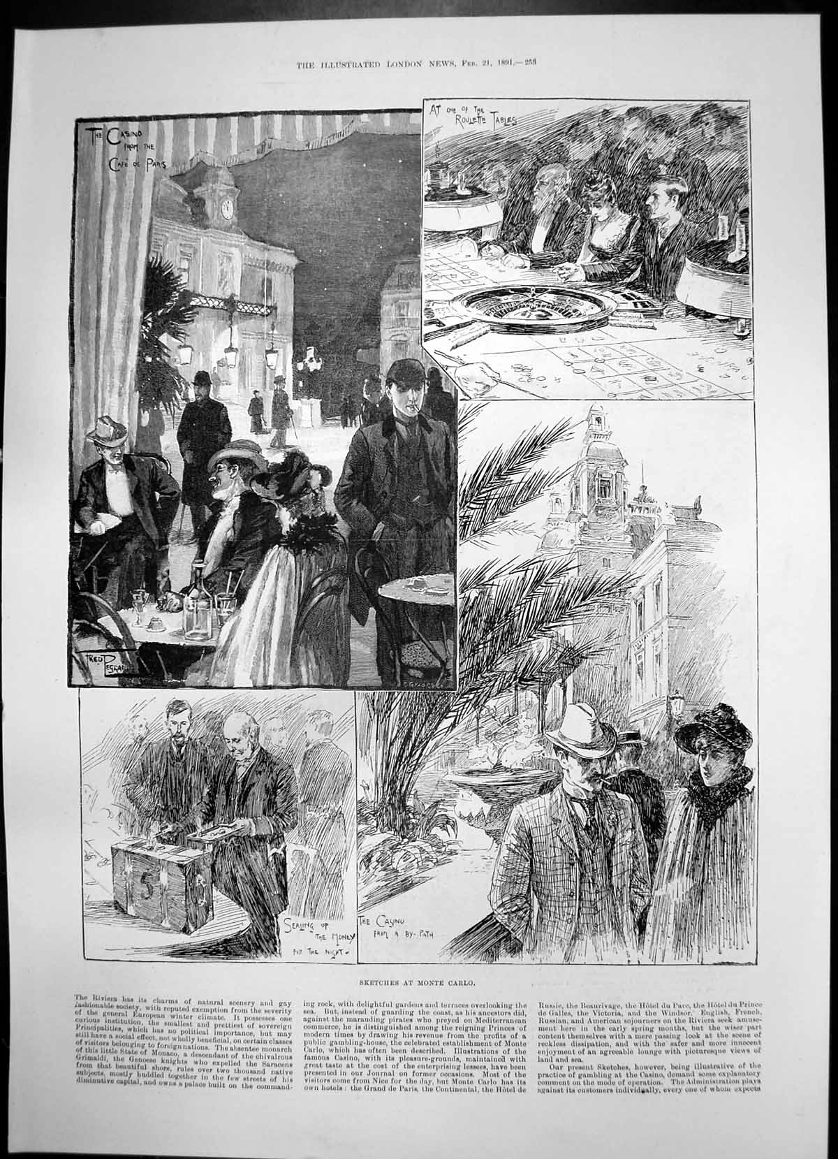 Antique Old Print Sketches Monte Carlo Casino Roulette Tables Winnings 1891