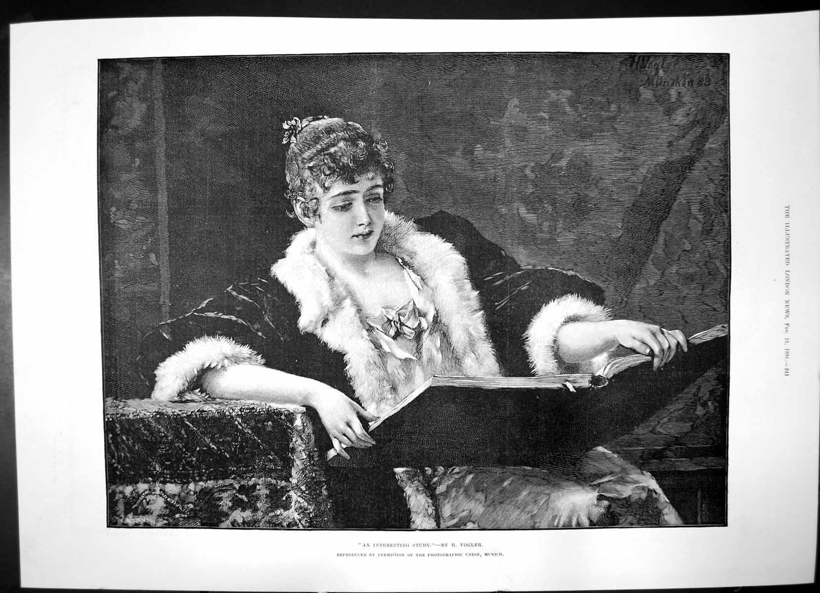 Old Print Interesting Study Vogler Lady Book Danish Sweetheart Raft 1891 19th