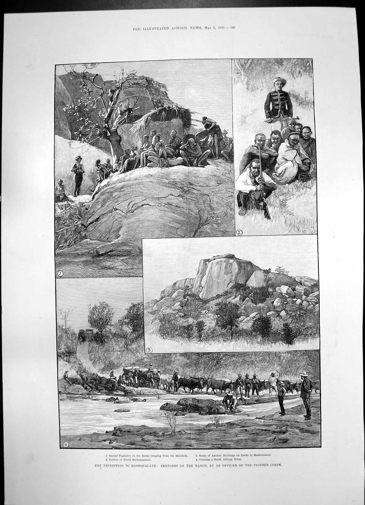 Antique Old Print Mashonaland Banyal Fugitives Grasse Street Fountain 1891 19th