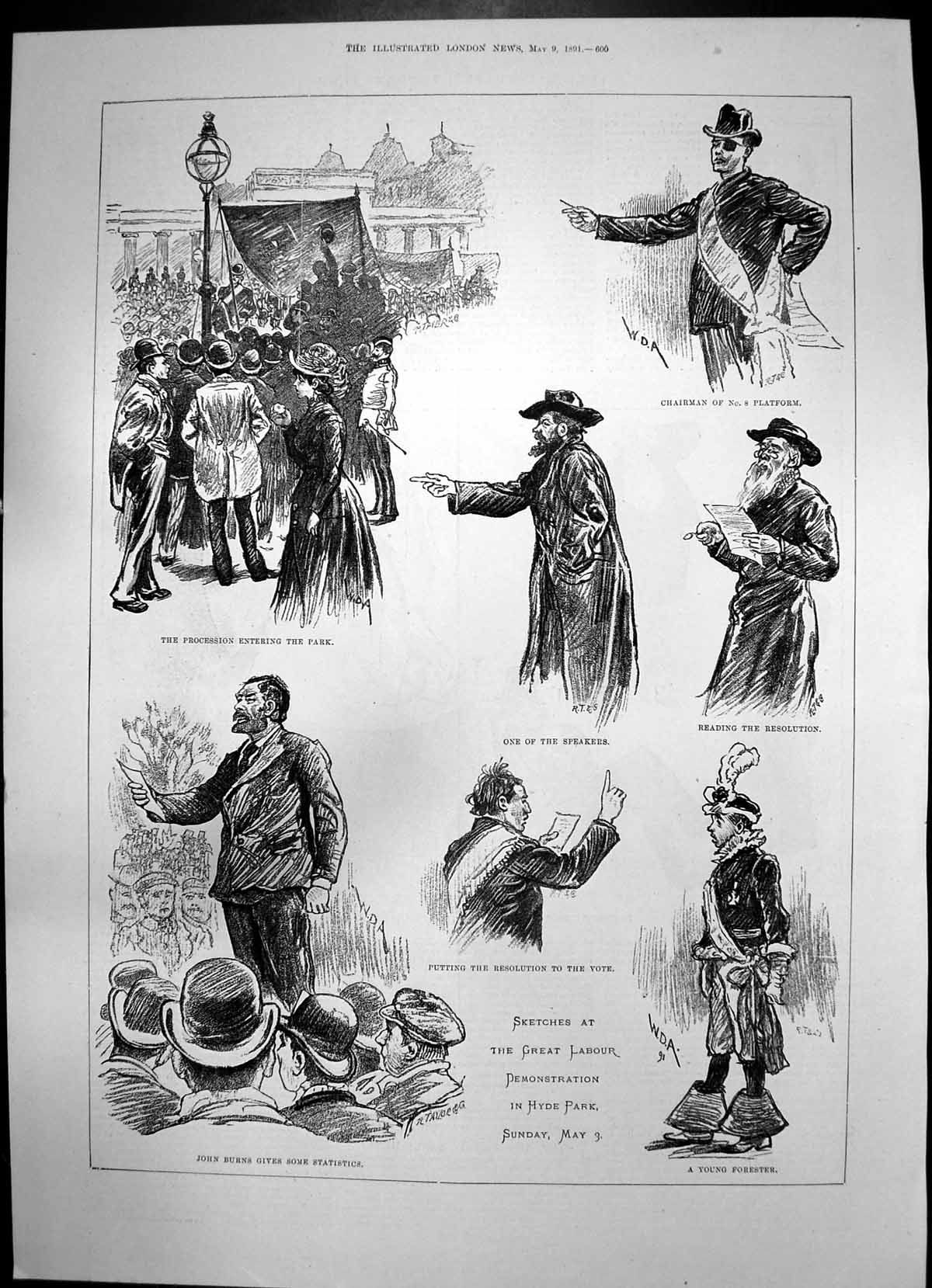 Antique Print Labour Demonstration Hyde Park Barry Sullivan H Furniss 1891 19th