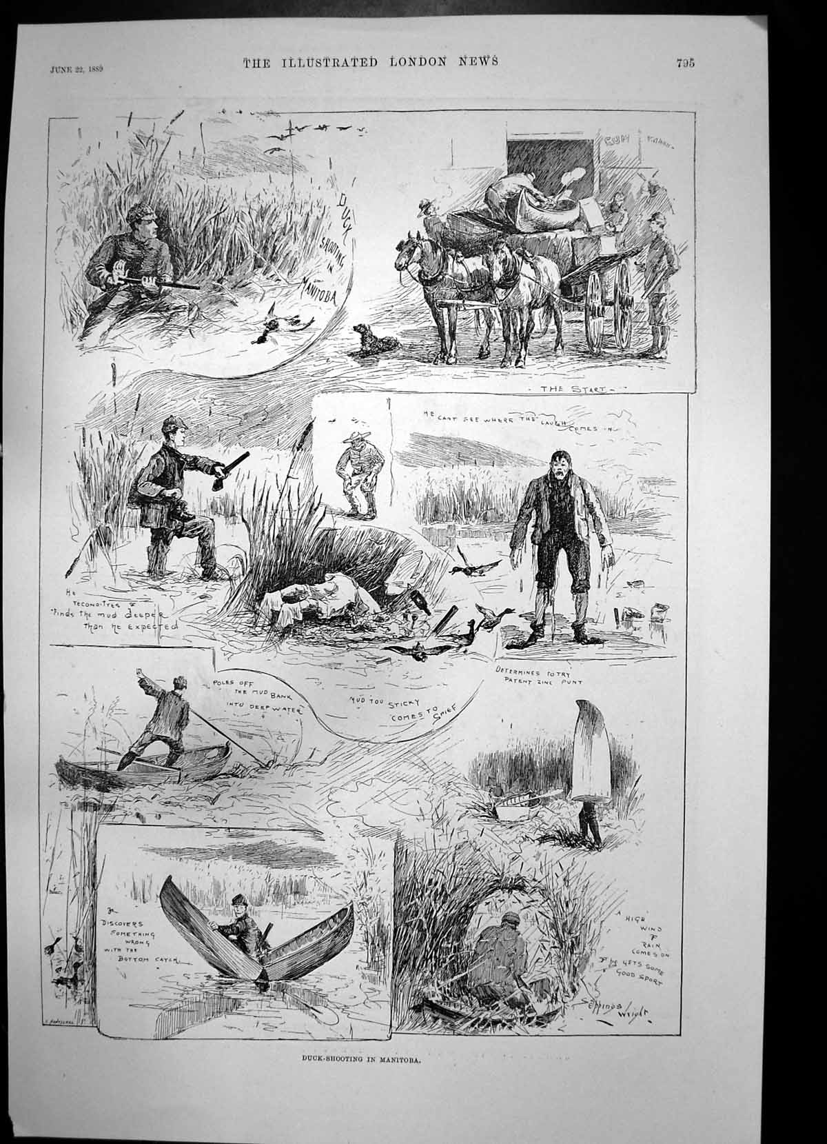 Antique Old Print Duck Shooting Manitoba Yaw Country Officer Stretcher 1889