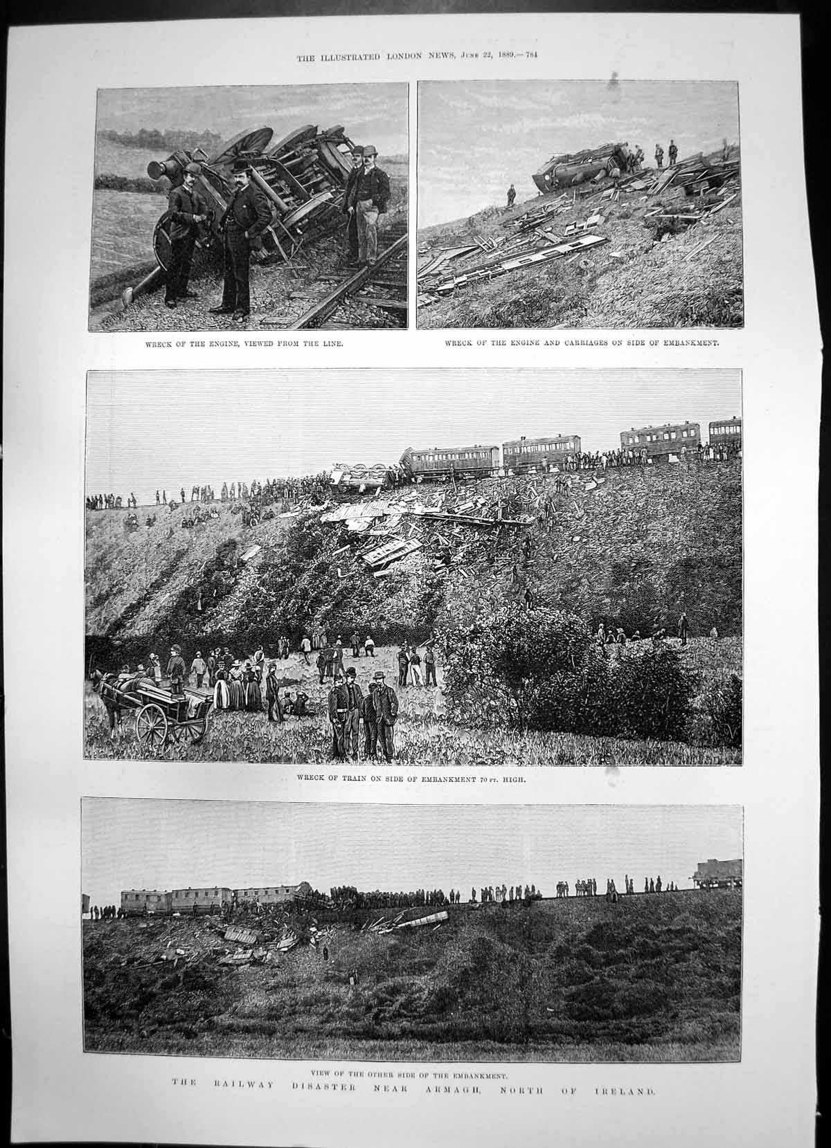 Old Print Railway Disaster Armagh Ireland Flores Island Monte Video 1889 19th