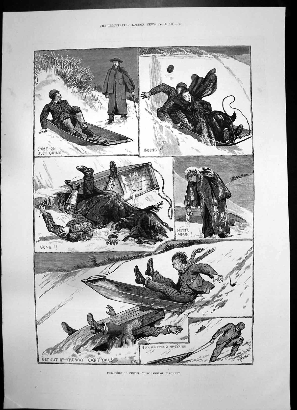 Antique Old Print Tobogganning Surrey F Hornimans Museum Surrey House 1891 19th