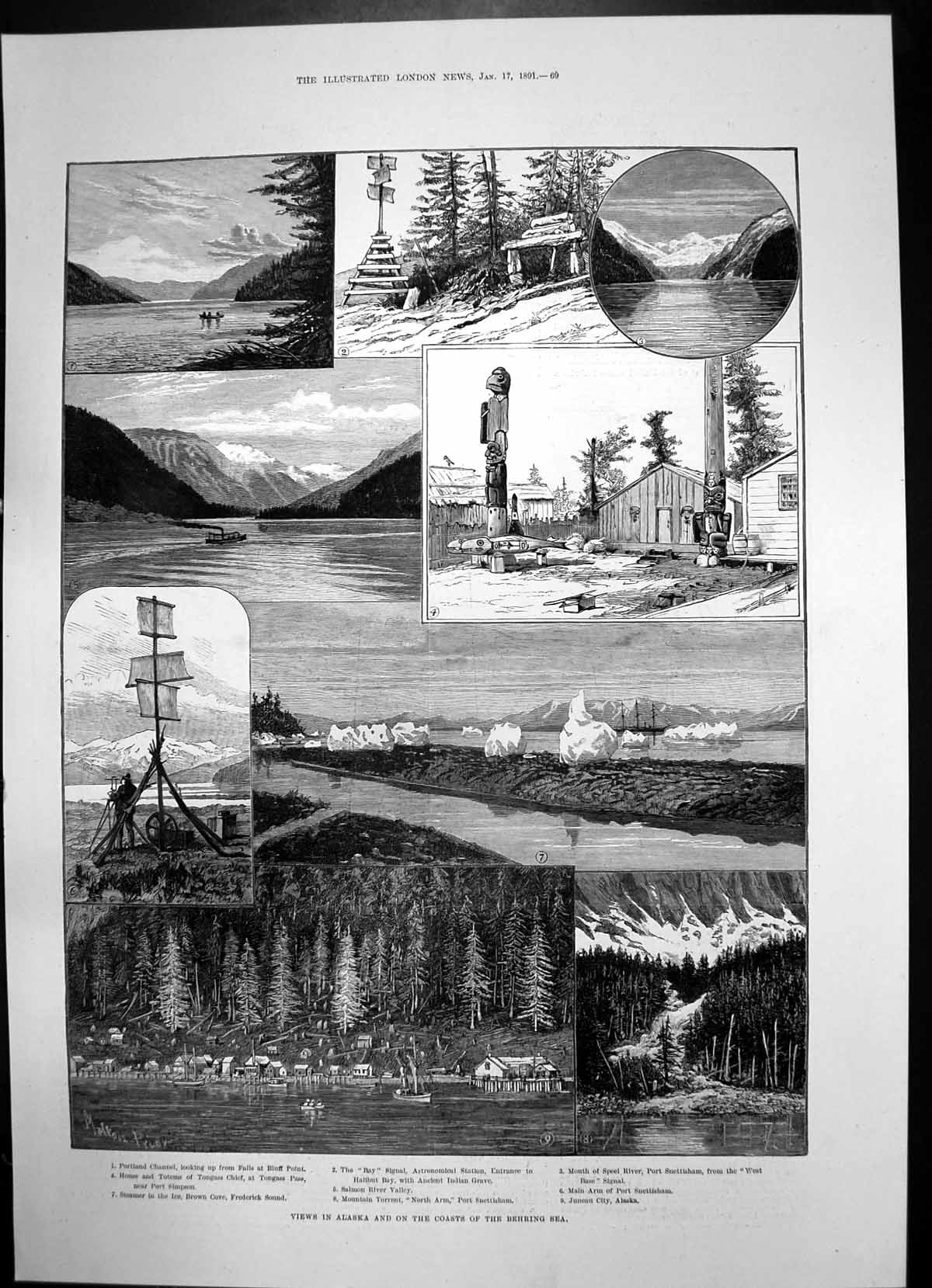 Antique Old Print Alaska Coasts Behring Sea Map Speel River Juneau City 1891