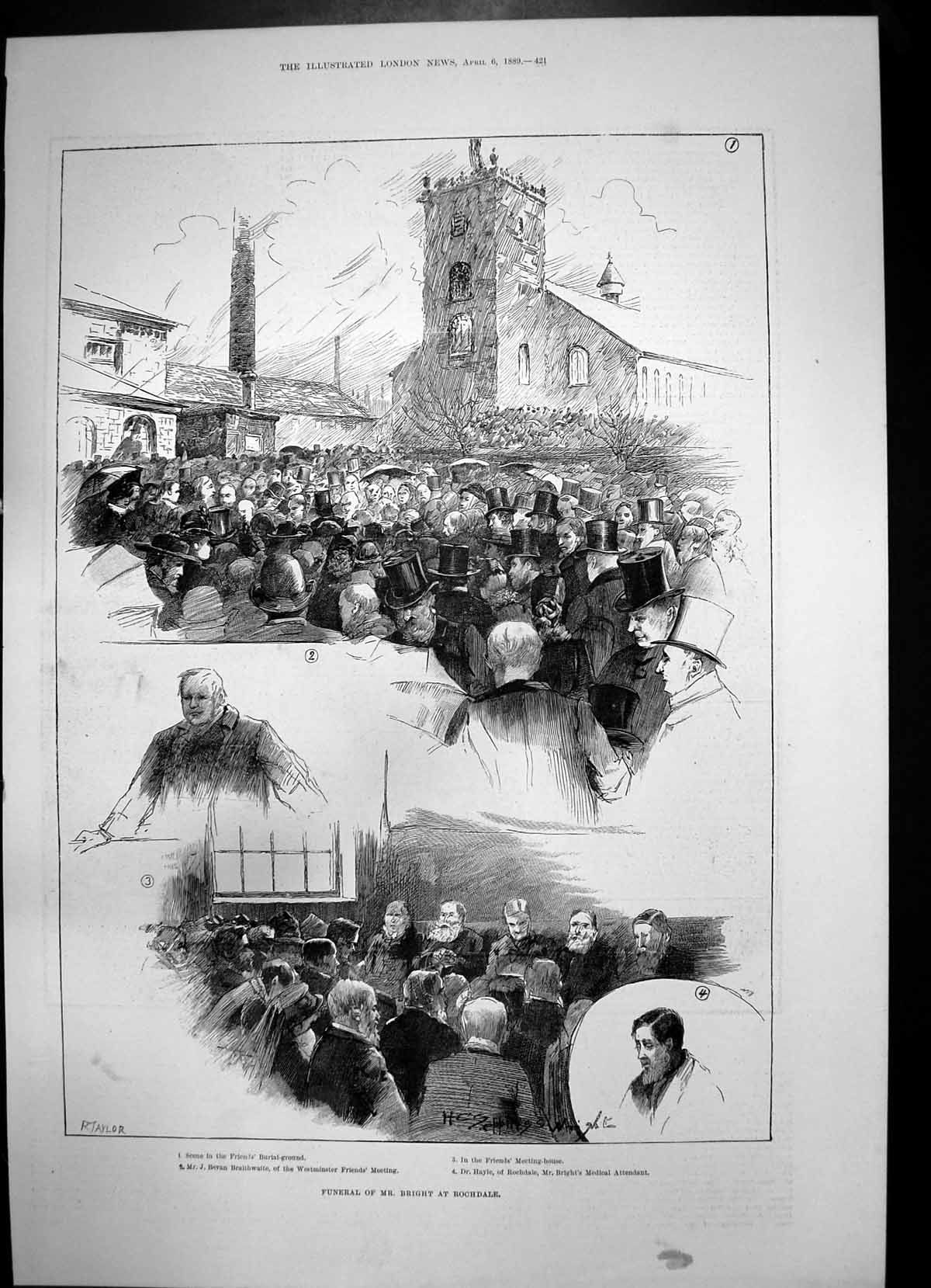 Antique Old Print Funeral Bright Rochdale Westminster Friends Meeting 1889 19th