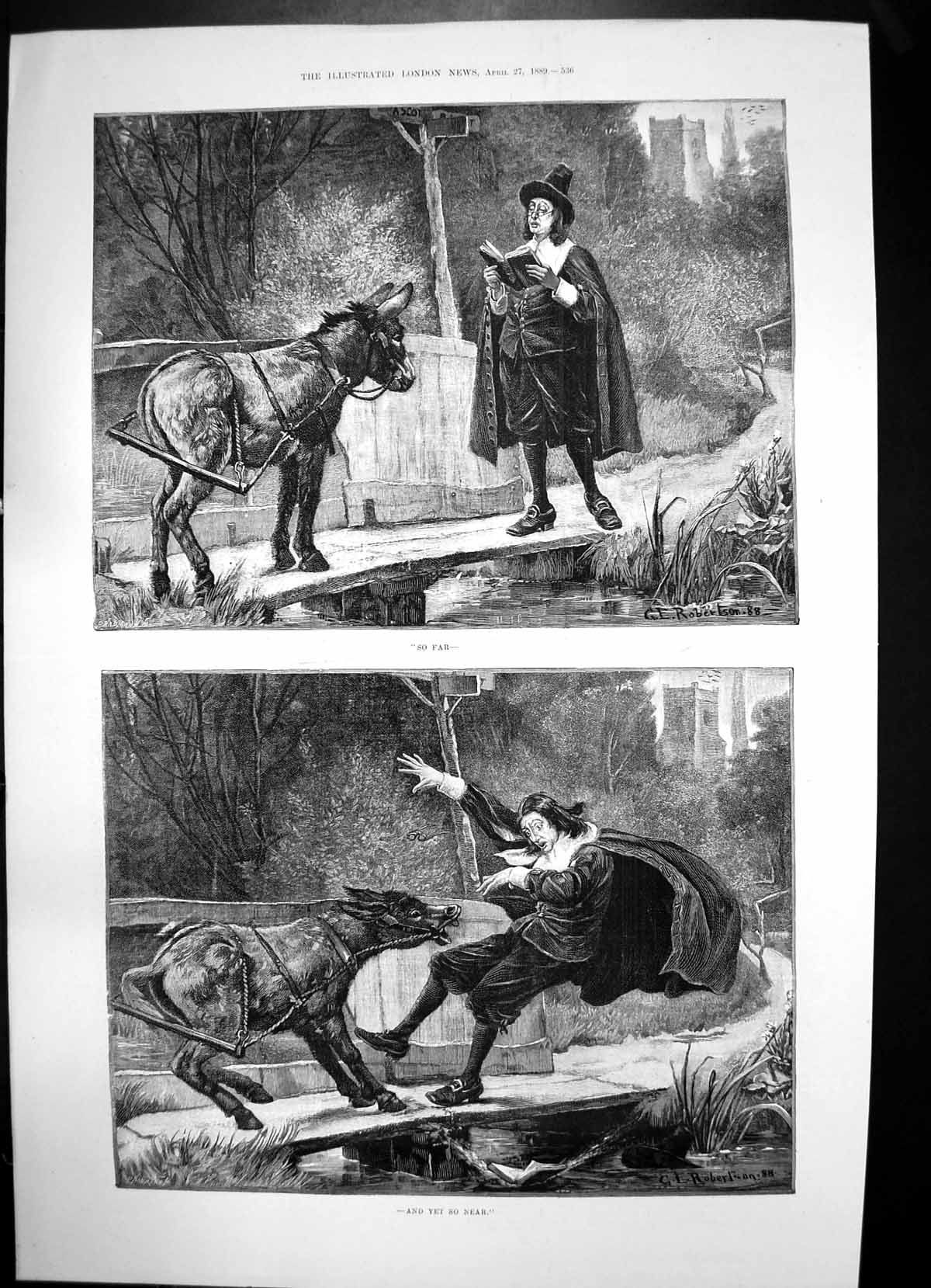 Old Print So Far Yet So Near Donkey Man Bridge Moreton Hall Cheshire1889 19th