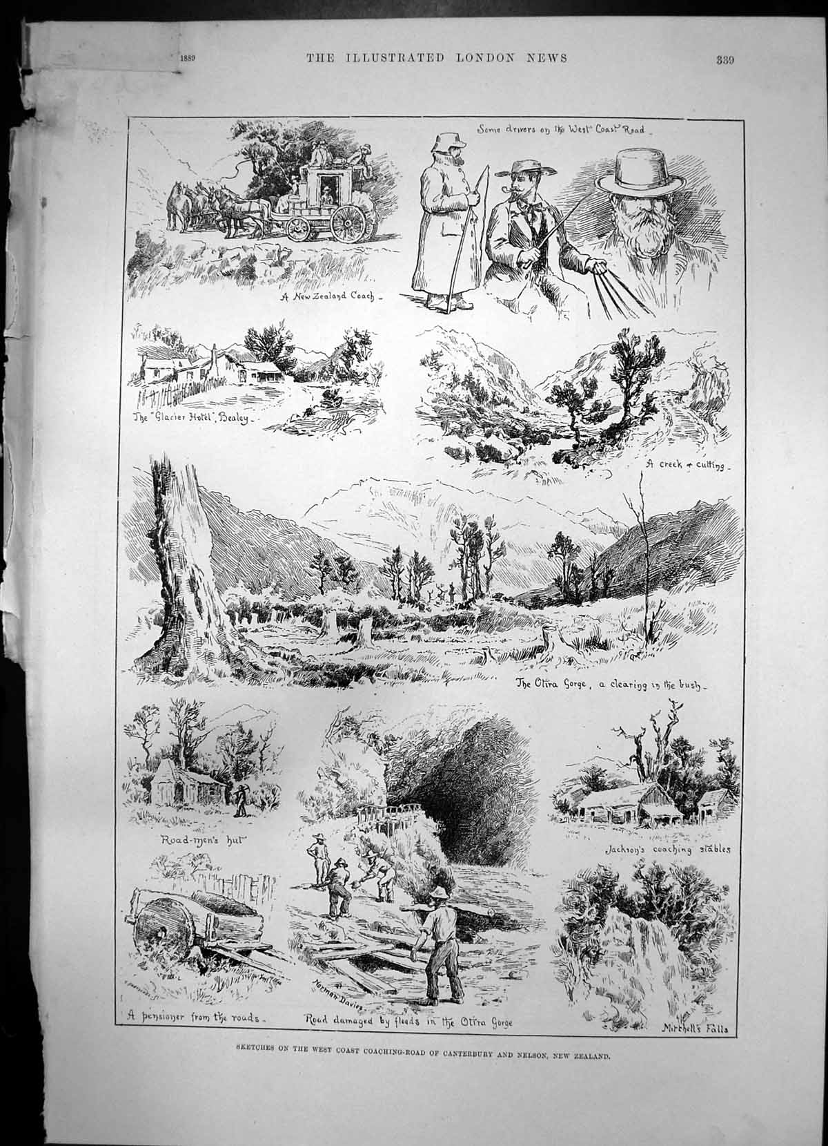 Antique Old Print Coaching Road Canterbury Nelson N Z St Ives Cornwall 1889