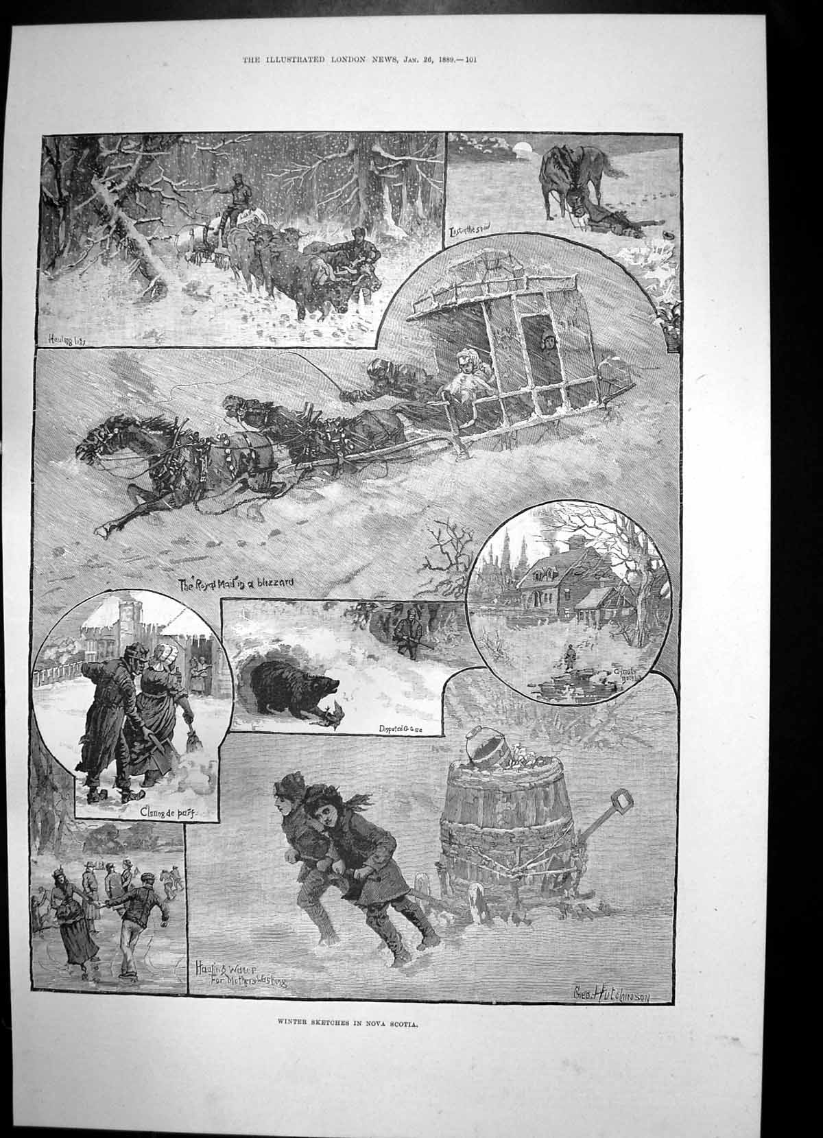 Antique Print Winter Sketches Nova Scotia Entertainment Dock Labourers 1889