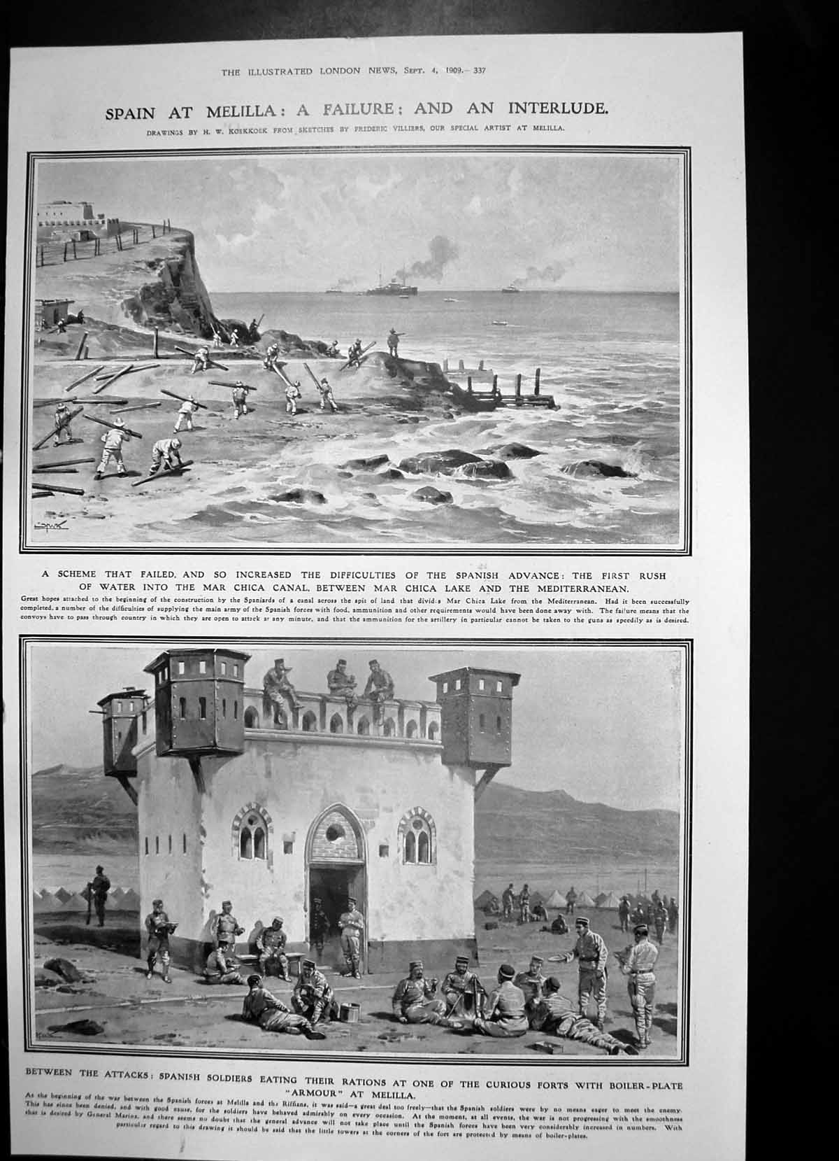 Antique Old Print Spanish Siers Melilla Vessels British Fleet Cruiser 1909 20th