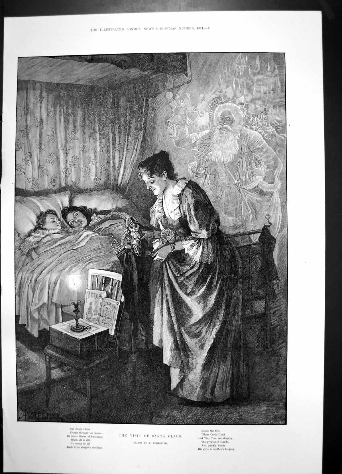 Old Print Visit Santa Claus Children Asleep Prince Rupert Grand Duke 1894 19th