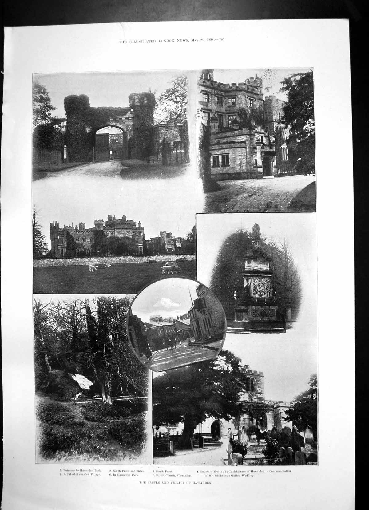 Original Old Antique Print Castle Village Hawarden Fete Gown Morning Gown 1898