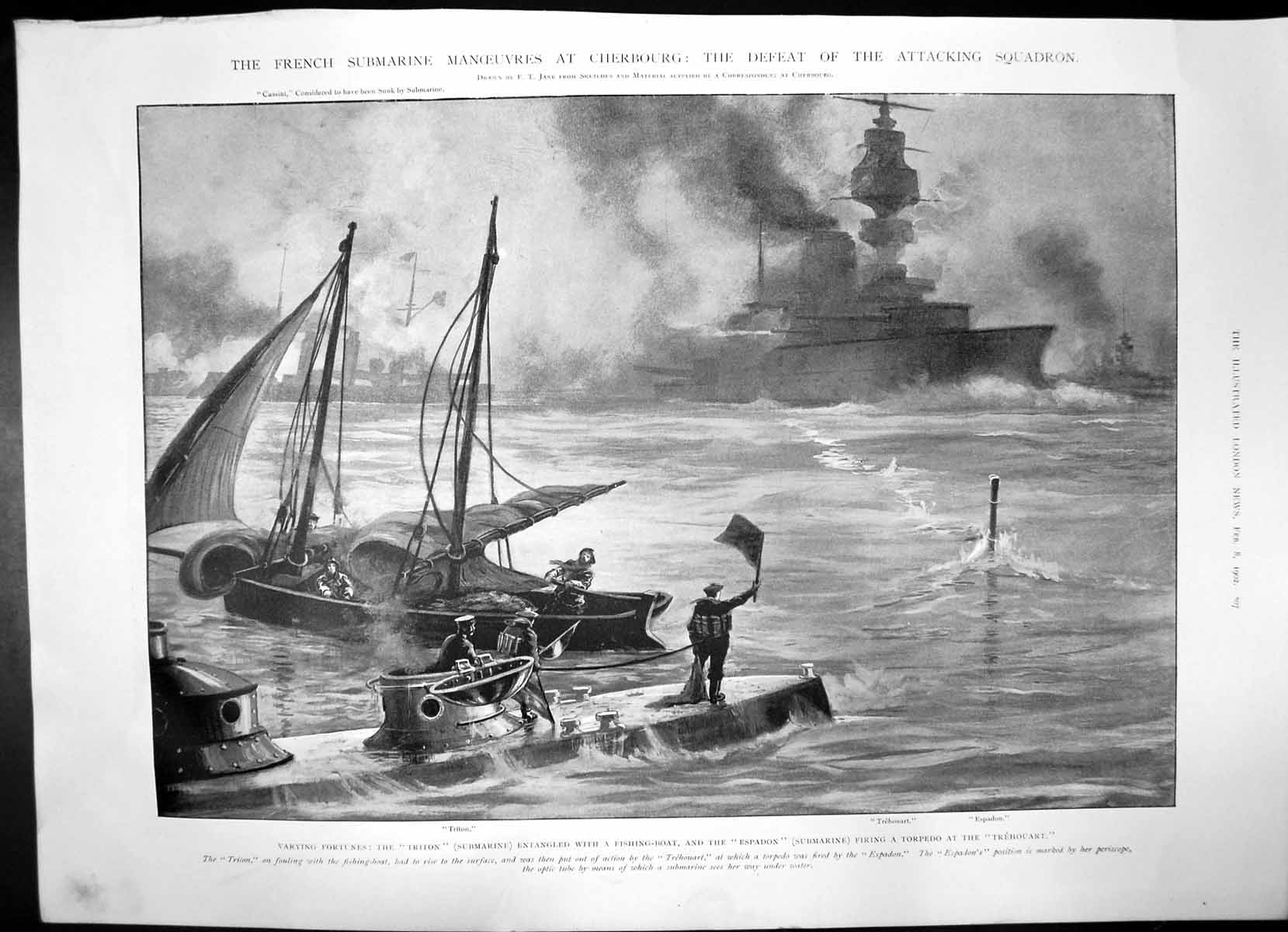 Antique Old Print Triton Espadon Submarines Coaling War Ships Trafalgar 1902