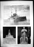 Antique Old Print Prince Wales Warship London Bismarck Memorial Hamburg 1902