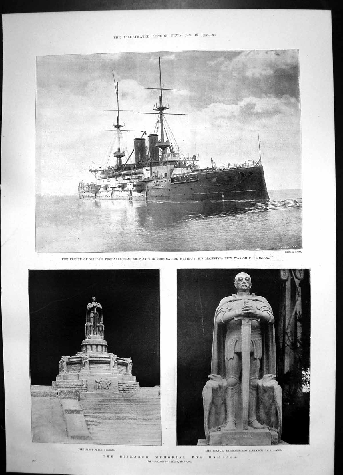Antique Old Print Prince Wales Warship London Bismarck Memorial Hamburg 1902