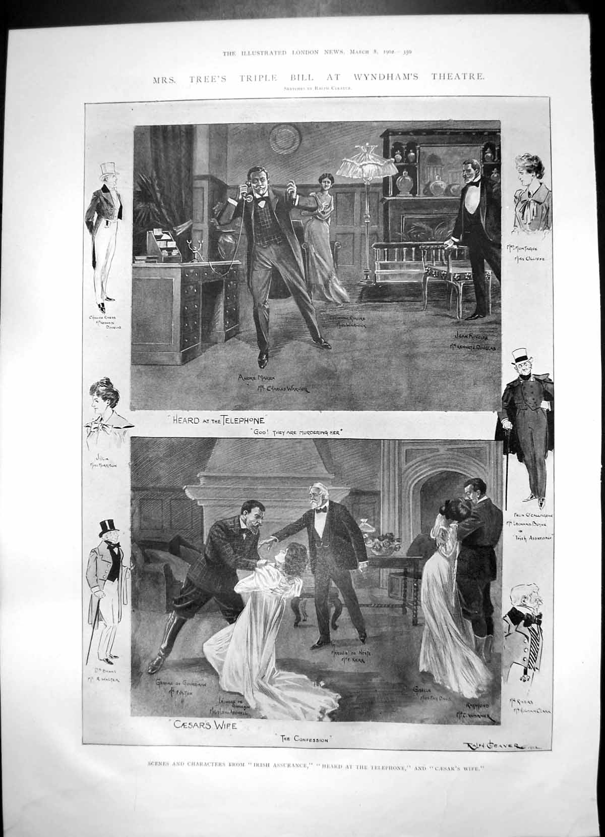 Antique Old Print Irish Assurance Caesars Wife King Queen Mount Edgcunbe 1902