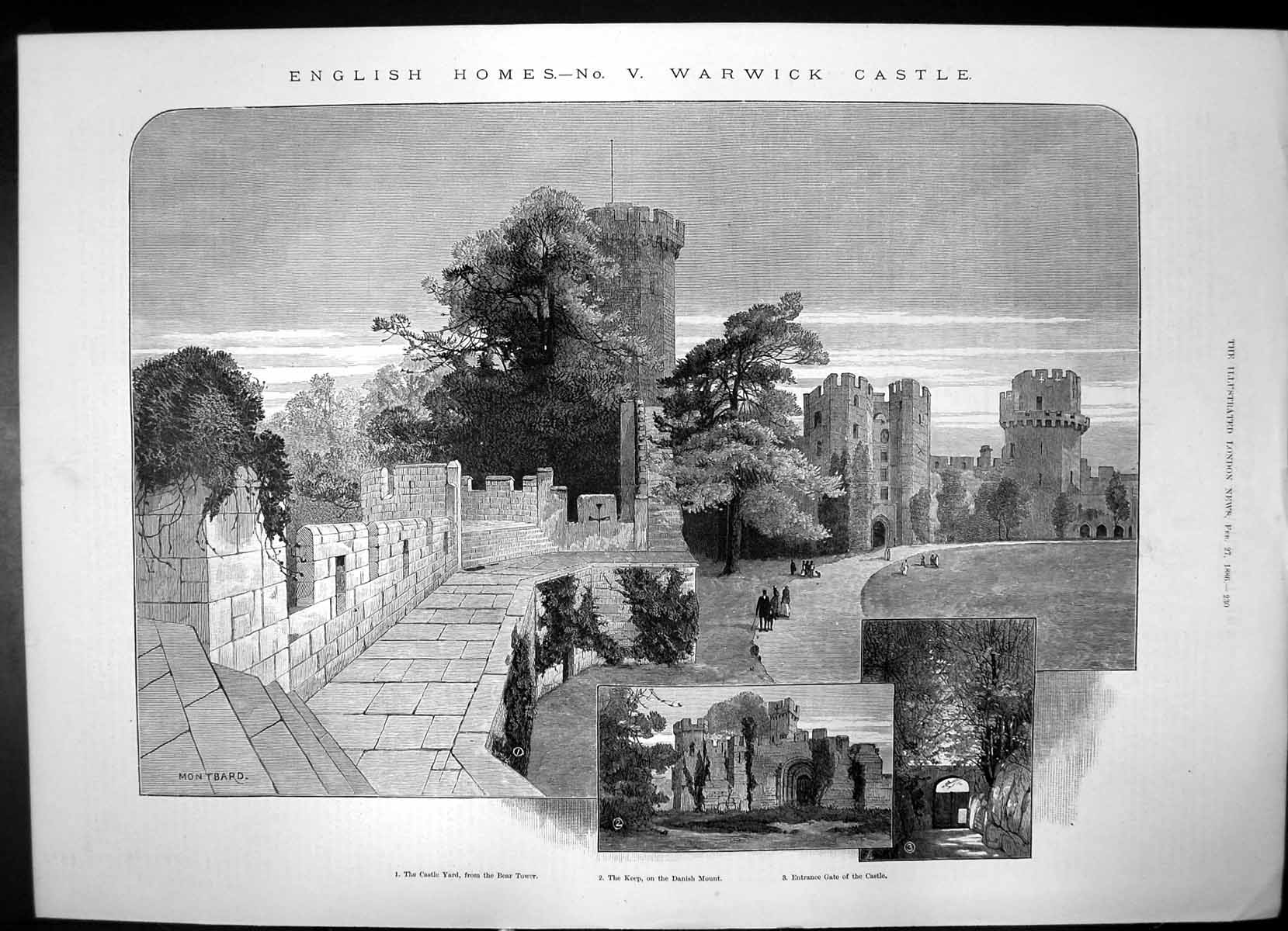 Antique Old Print Warwick Castle Castle Yard Entrance Gate Bridge Weir 1886