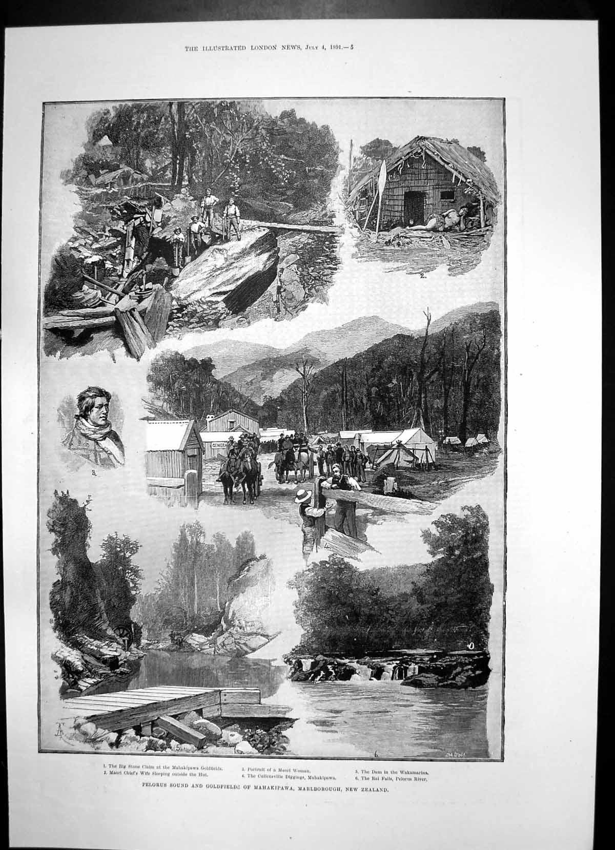 Old Antique Print Pelorus Sound Gfields Mahakipawa N Z Father Damien 1891 19th