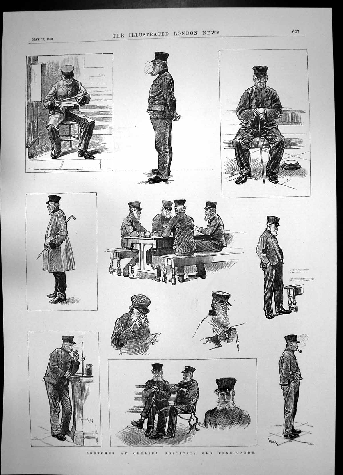 Original Old Antique Print Pensioners Military Hospital Chelsea Hall Front 1890
