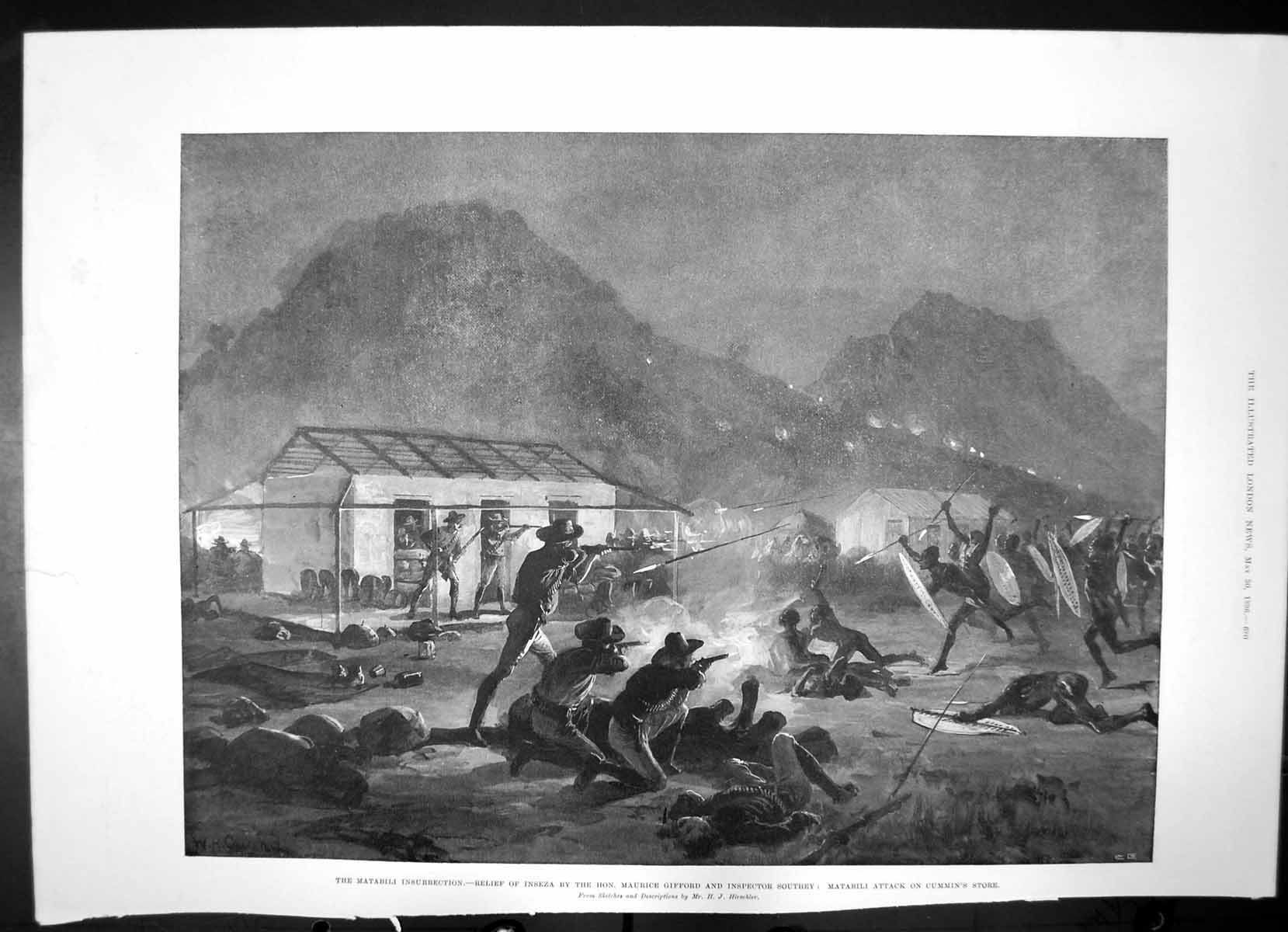 Antique Print Matabili Insurrection Attack Cummins Store Diseased Oxen 1896
