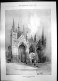 Antique Old Print West Front Peterborough Cathedral Evening Gown Cloak 1897