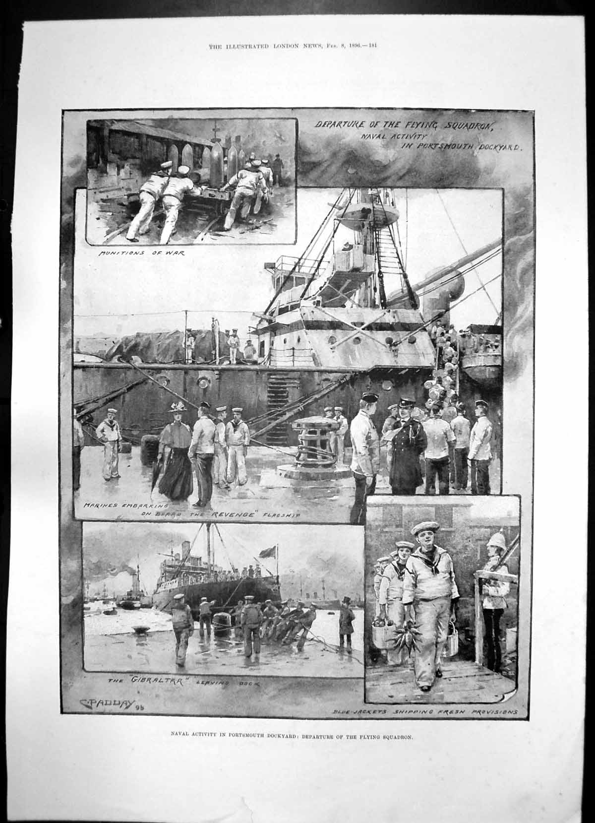 Antique Old Print Portsmouth Dockyard Departure Flying Squadron Dresses 1896