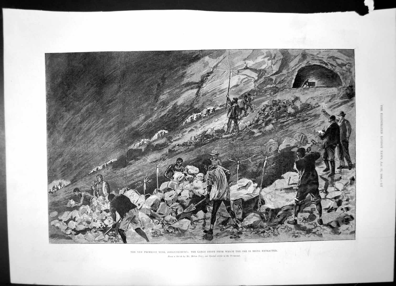 Antique Print New Primrose Mine Johannesburg Stope Ore Satin Tea Gown 1896 19th