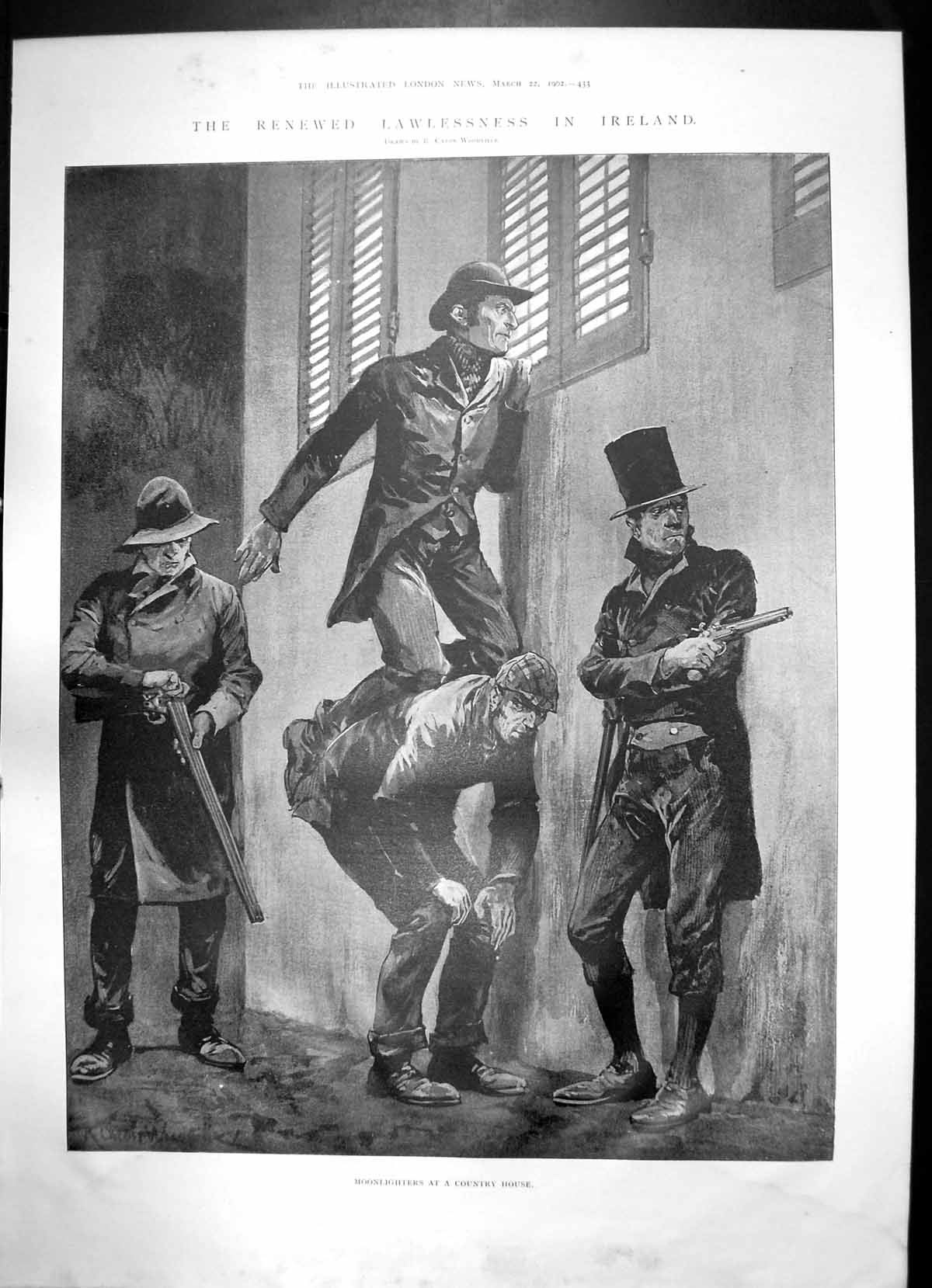 Old Print Lawlessness Ireland Men Guns House Kings Devonport Casket 1902 20th